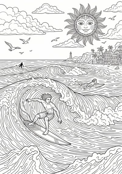 Surfers and ocean waves detailed summer coloring page for kids age 9-10