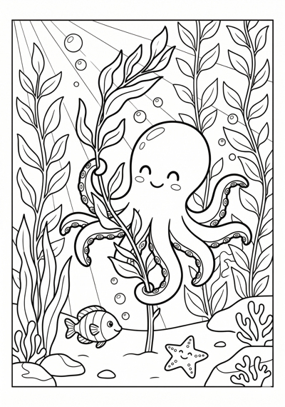 Octopus with kelp summer coloring page for kids age 6-8