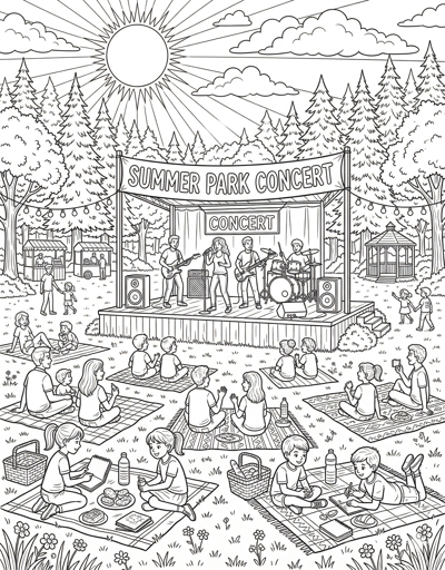Outdoor concert in park detailed summer coloring page for kids age 9-10