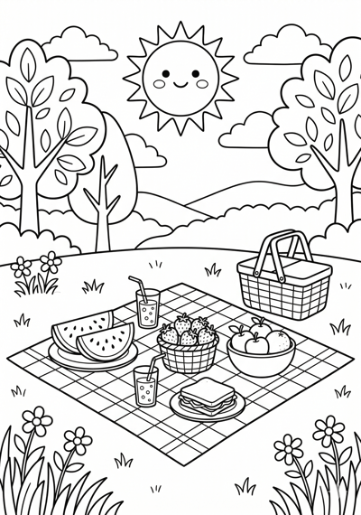 Picnic blanket with fruit summer coloring page for kids age 6-8