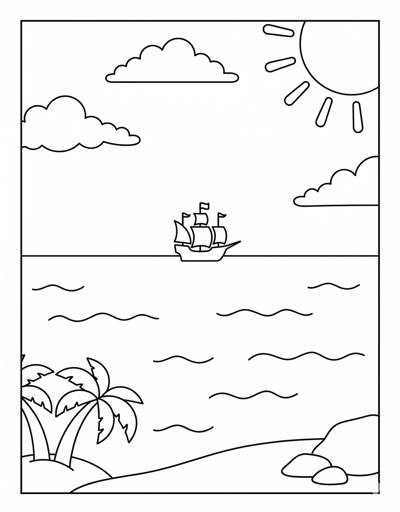 Sail ship on horizon summer coloring page for kids age 6-8