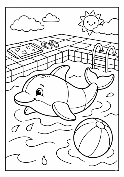 Pool float and beach ball summer coloring page for kids age 6-8