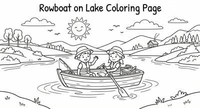Rowboat on calm lake summer coloring page for kids age 6-8
