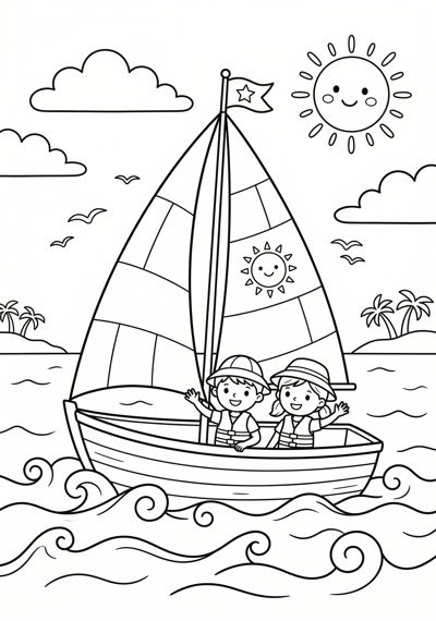 Small sailboat summer coloring page for kids age 6-8