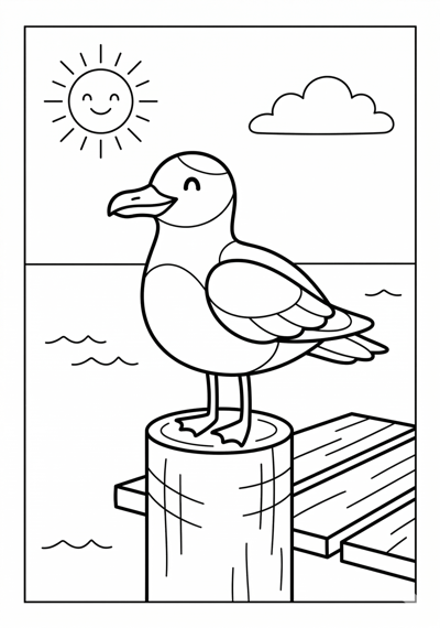 Seagull on pier summer coloring page for kids age 6-8