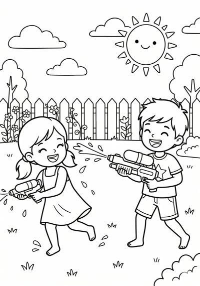 Kids with water blaster summer coloring page for kids age 6-8