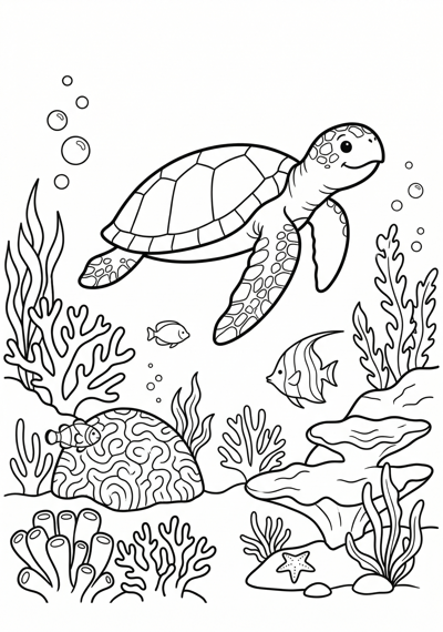 Sea turtle near coral summer coloring page for kids age 6-8