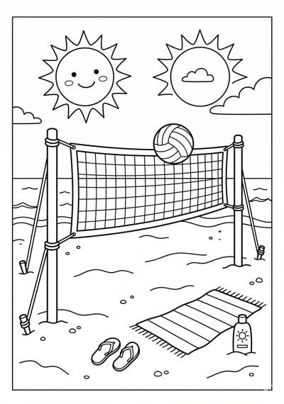 Beach volleyball net summer coloring page for kids age 6-8