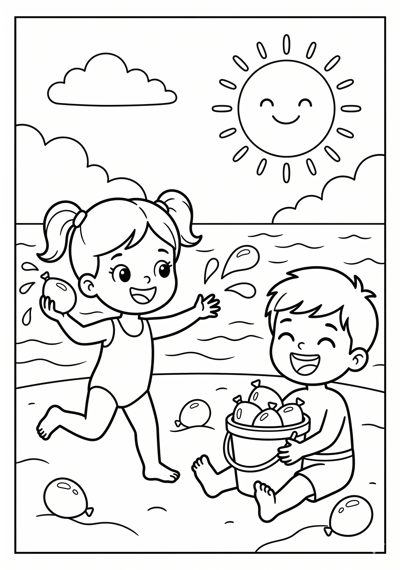 Kids with water balloons summer coloring page for kids age 6-8