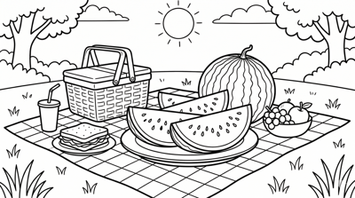 Watermelon slices at picnic summer coloring page for kids age 6-8