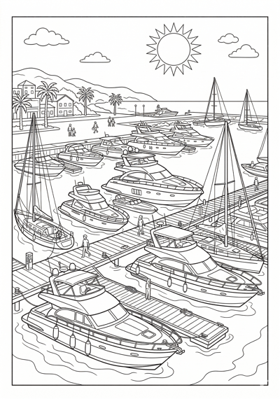 Marina with yachts detailed summer coloring page for kids age 9-10