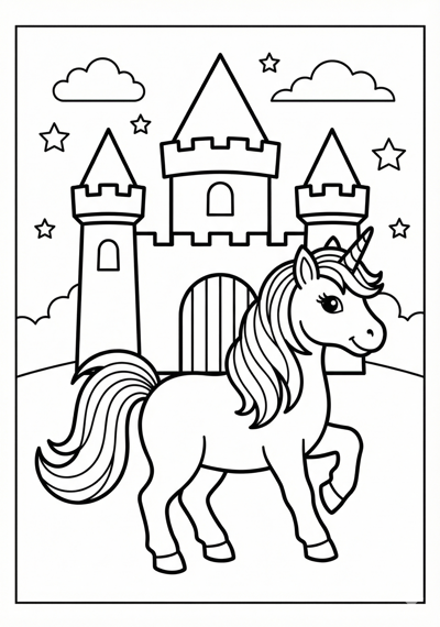 Unicorn with simple castle outline unicorn coloring page for kids age 6-8