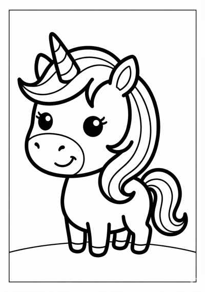 Big-headed cute unicorn coloring page for kids age 3-5, easy to color