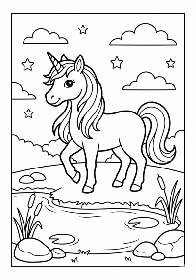 Unicorn by simple lake outline unicorn coloring page for kids age 6-8