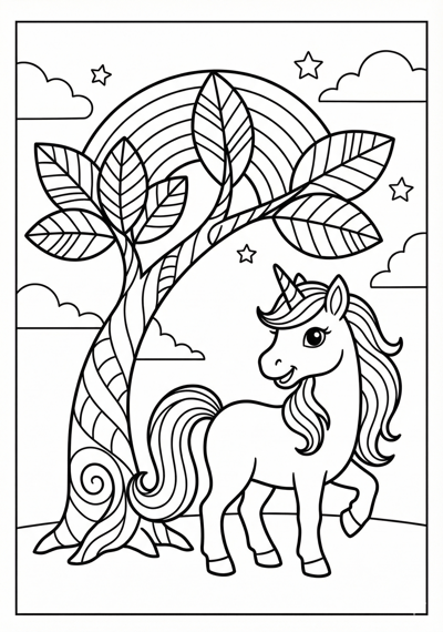 Unicorn by simple rainbow tree unicorn coloring page for kids age 6-8