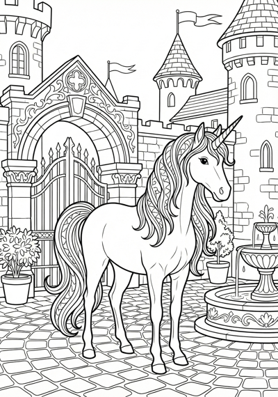 Unicorn in castle courtyard scene unicorn coloring page for kids age 9-10
