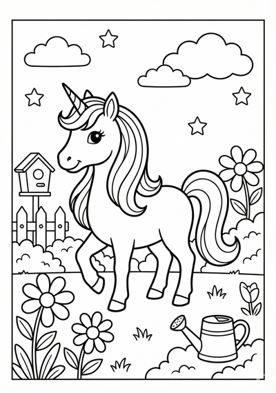 Unicorn in simple garden scene unicorn coloring page for kids age 6-8