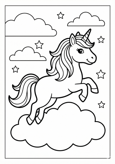 Unicorn jumping over cloud unicorn coloring page for kids age 6-8