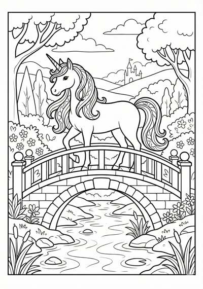 Unicorn on bridge over stream unicorn coloring page for kids age 9-10
