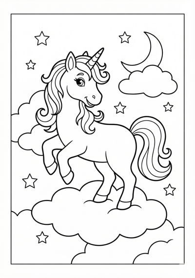 Unicorn standing on soft clouds unicorn coloring page for kids age 6-8