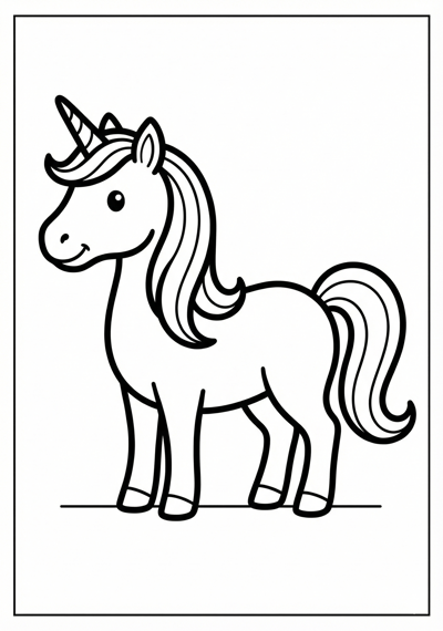 Unicorn standing on simple ground line coloring page for kids age 3-5