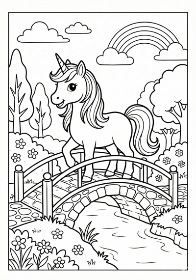Unicorn on small bridge unicorn coloring page for kids age 6-8