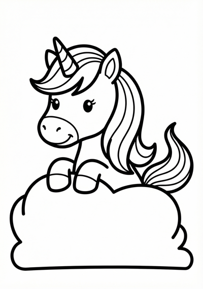 Playful unicorn peek-a-boo pose coloring page for toddlers age 3-5