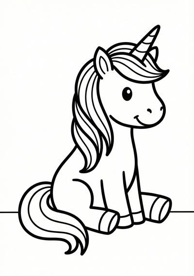 Simple unicorn sitting coloring page for kids age 3-5, thick outlines