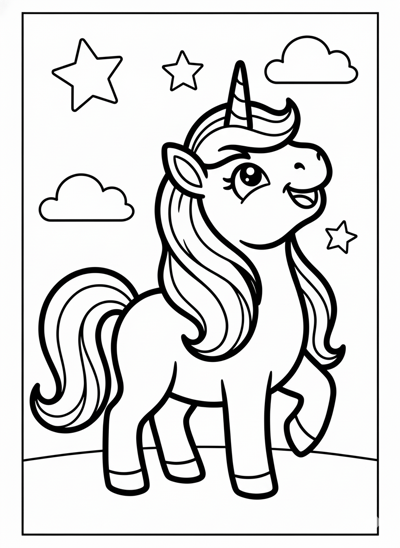 Calm unicorn standing coloring page for kids age 3-5