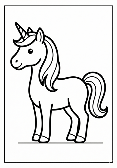 Simple profile unicorn standing coloring page for preschool age 3-5