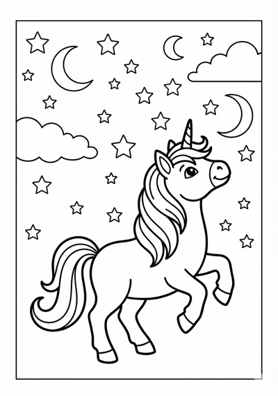 Unicorn under magical stars unicorn coloring page for kids age 6-8