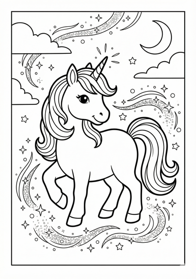 Unicorn with magic sparkles unicorn coloring page for kids age 6-8