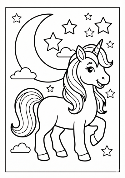 Unicorn with moon and stars unicorn coloring page for kids age 6-8