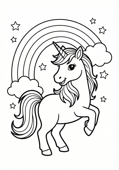 Unicorn with simple rainbow outline unicorn coloring page for kids age 6-8