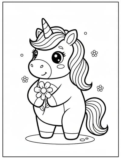 Unicorn with small flower coloring page for kids age 3-5, minimal background
