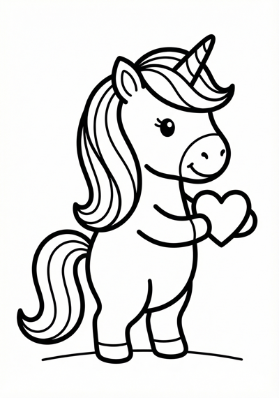 Simple unicorn with small heart coloring page for kids age 3-5