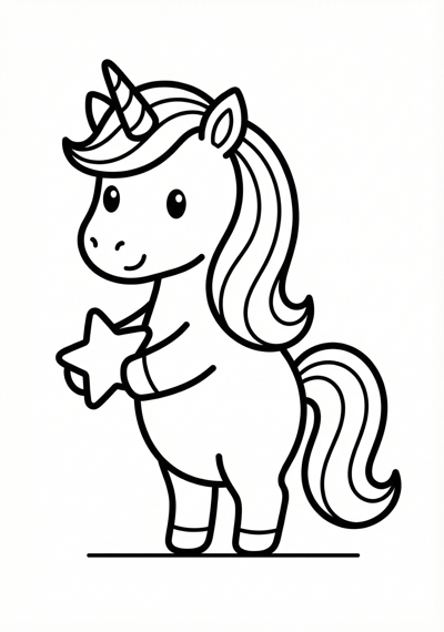 Simple unicorn with small star coloring page for kids age 3-5